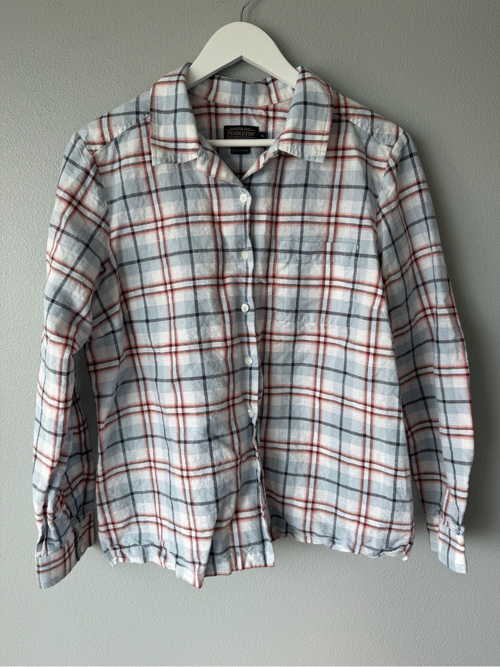 Pendleton white red blue plaid linen cotton long sleeve button down shirt sz xL